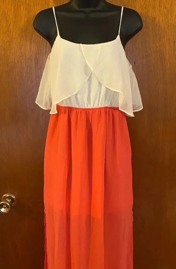 Freebird Coral and Cream Sheer Long Straped Dress - Image 5