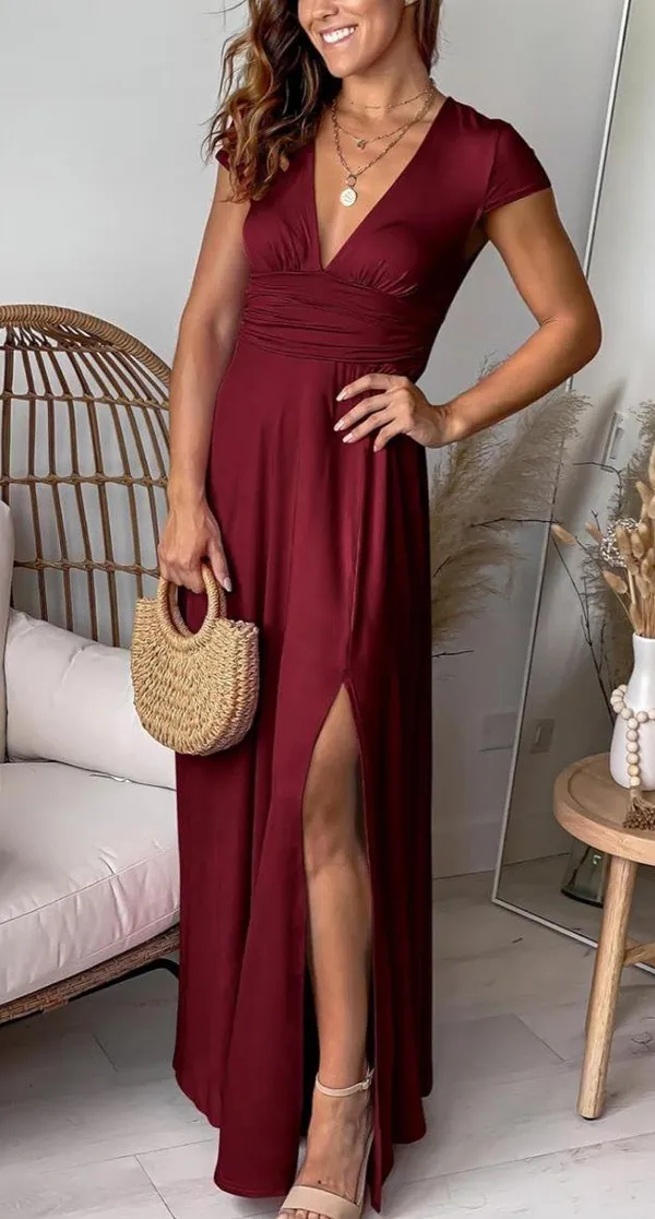 Maroon V-Neck Dress Amazon - Image 2