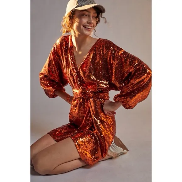ANTHROPOLOGIE LISABETTE SEQUINED MINI‎ DRESS IN DARK ORANGE size small - Image 3