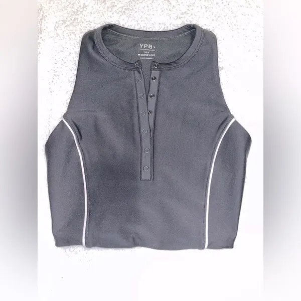 Abercrombie & Fitch Black Racerback Snap-Front Crop Top with White Piping - Image 2