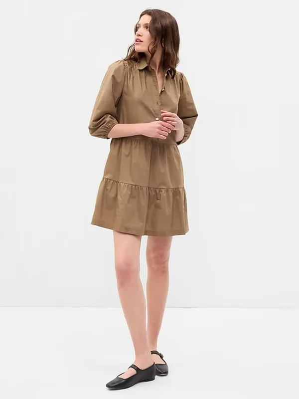 Gap NWT $80 Khaki Tiered Puff Sleeve Button Front Mini Babydoll Shirt Dress XSP - Image 2
