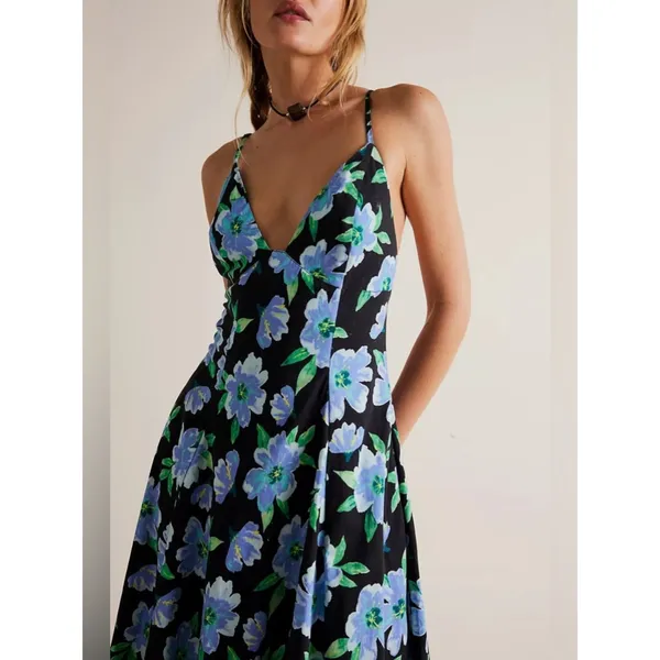 Free People Finer Things Printed Halter Midi Dress Black Combo Large Tropical - Image 6