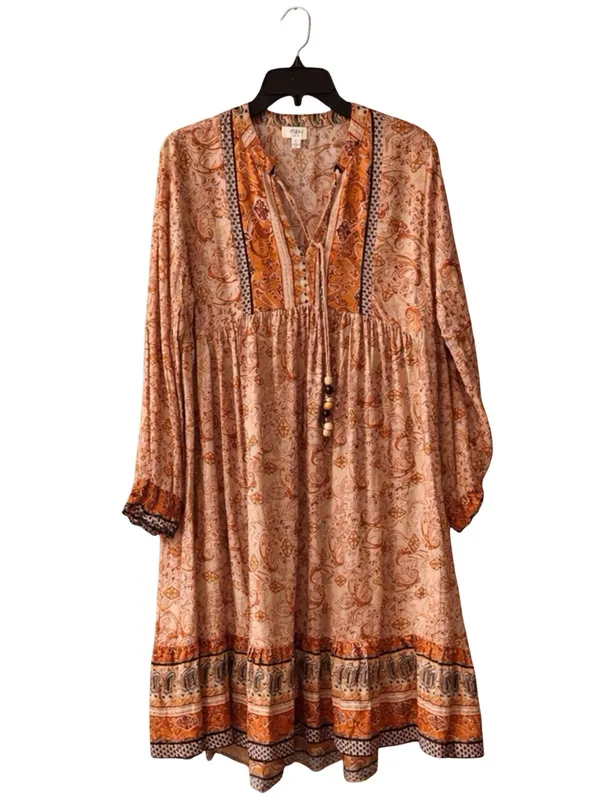 Umgee Boho Paisley Maxi Dress Long Sleeve Tassel Tie V-Neck Size M - Image 9