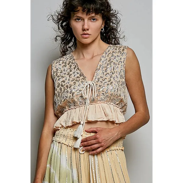 POL Shimmer Pattern Deep V Tie Front Tassel Ruffle‎ Hem Sleeveless Crop Top - M - Image 4