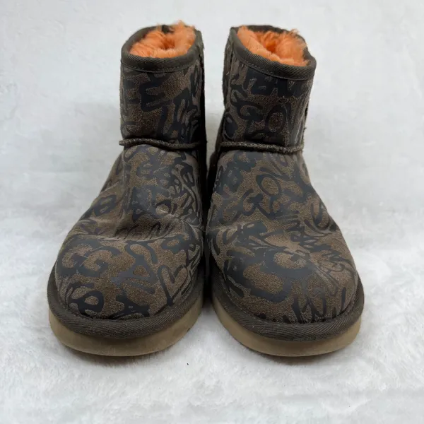 UGG Classic Mini Graffiti Brown Orange Suede Sheepskin Boots 1105432 Womens‎ 8 - Image 2
