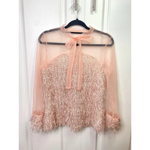 Blush Pink Contrast Mesh Tie Neck Shaggy Fringe Blouse - Image 6