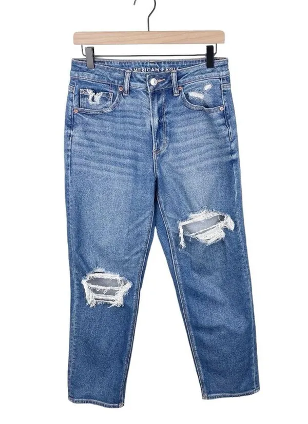 American Eagle Stretch Mom Straight Jean Cool Torn Blue Wash Denim Womens Size 6 - Image 2
