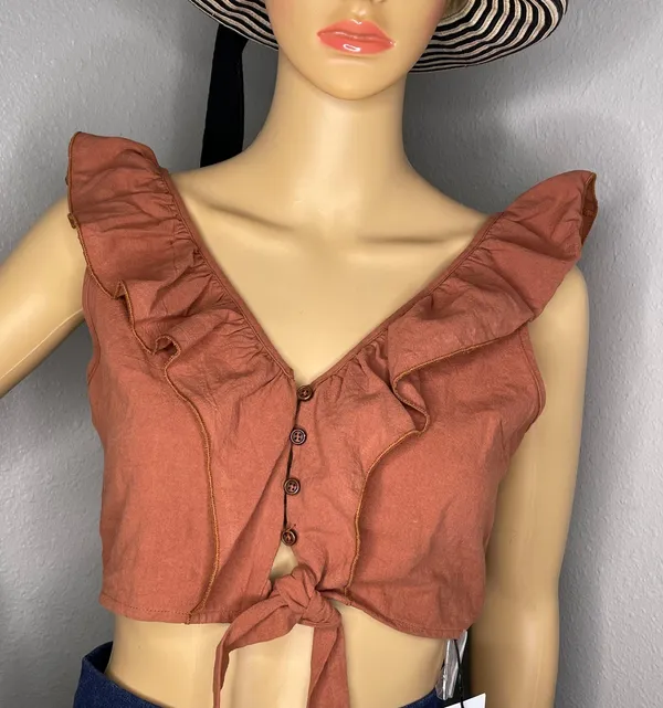Cider NWT  Ruffle Button Up Knotted Cropped Tank Top Brown Size Small - Image 2