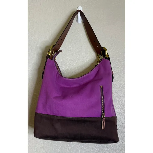 Sperry Top Sider Womens Large‎ Hobo Bag Purse Purple Canvas Leather Shoulder - Image 2