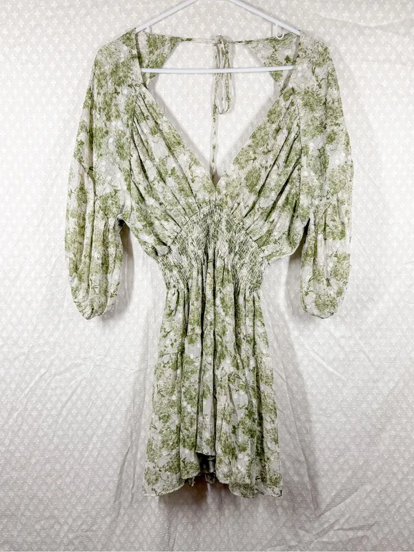 Misa Green White Seven Floral Deep V Puff‎ Sleeve Mini Dress - Image 3