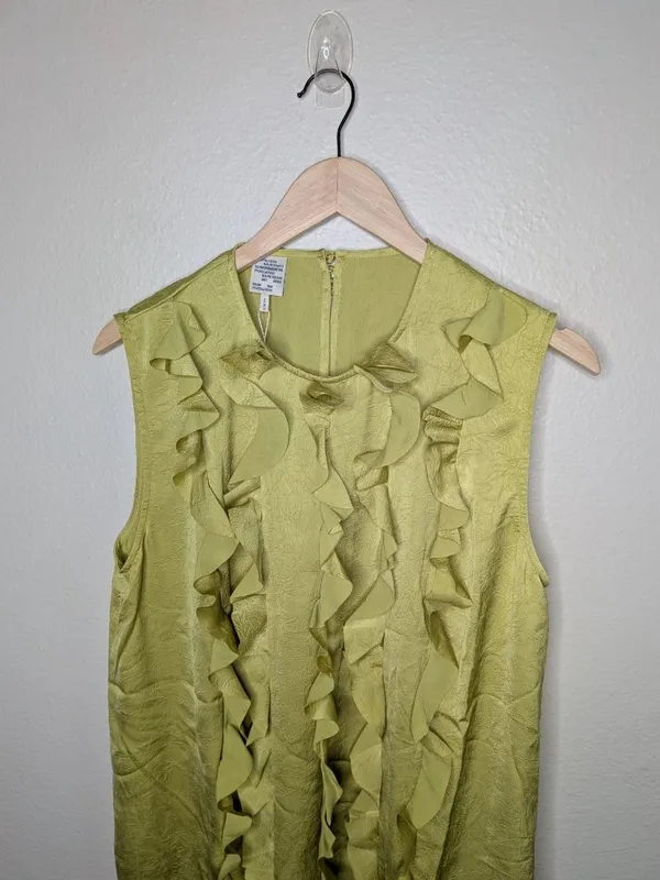 Baum Und Pferdgarten Sleeveless Ruffle Front Satin Dress Dark Citron Size 44 EU - Image 2