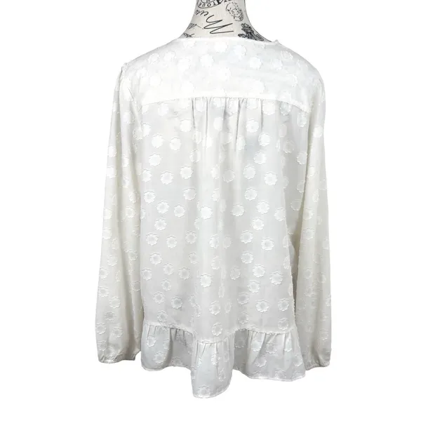 Loft Women White Blouse Size L Swiss Dot Embroidered Lace Up Boho Ruffle Tunic Top - Image 3
