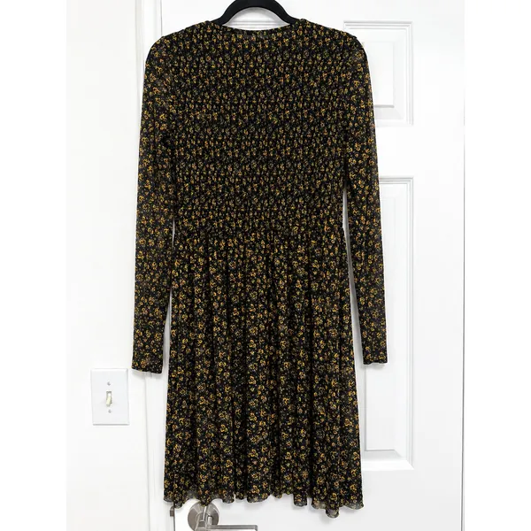 Free People Black Yellow Floral Smocked Sheer Long Sleeve Midi Dress XS - Image 4