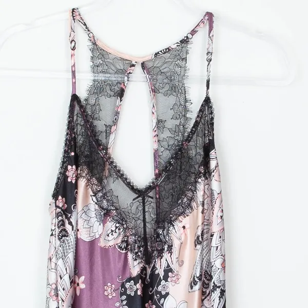 Linea Donatella Floral Paisley Lace‎ Trim Chemise Slip Dress M Purple Pink Satin - Image 3