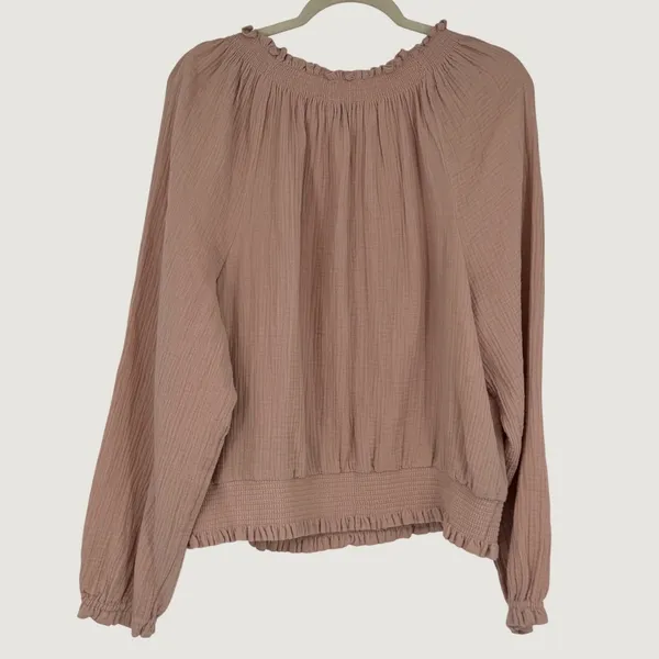 1.STATE Womens XXL Mauve‎ Pink Cotton Gauze Smocked Hem Long Sleeve Blouse - Image 2