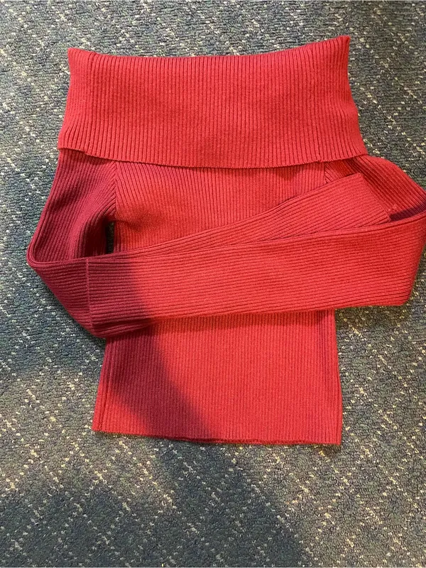 Forever 21 Off-the-Shoulder Fold-Over Ribbed Sweater - Red - Image 3