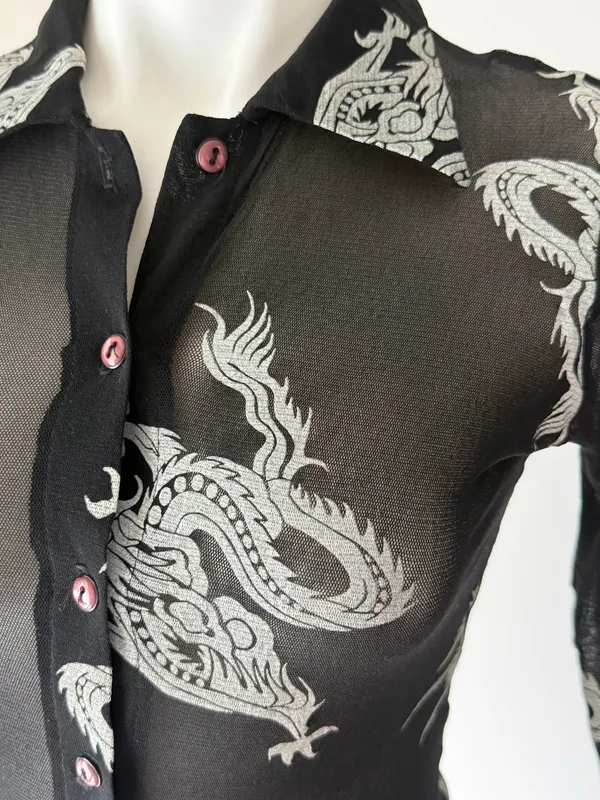Vintage Dragon Print Button Up Mesh Top Black - Image 2