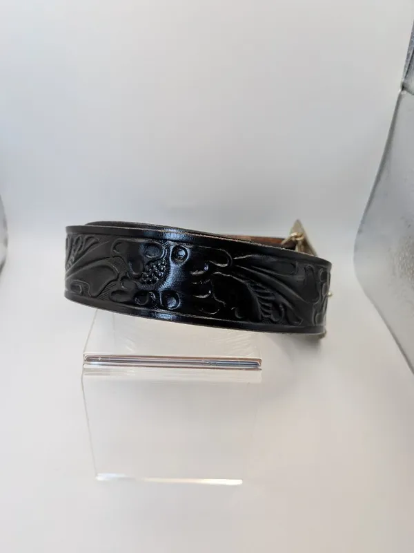 Justin Black Tooled Leather Belt Ornate Western Buckle Size 28 - Image 2