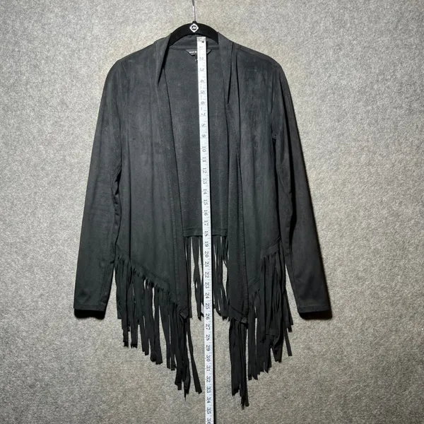 Rock & Republic Black Faux Suede Fringe Open Front Cardigan Jacket XS Waterfall - Image 3