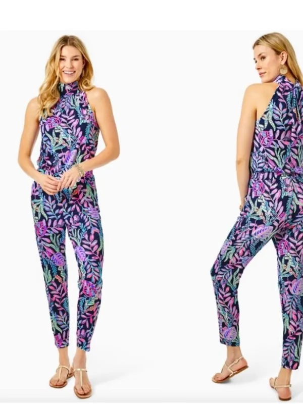 Lilly Pulitzer Wyota Tropical Jungle Blue Purple Jumpsuit Size Large - Image 2