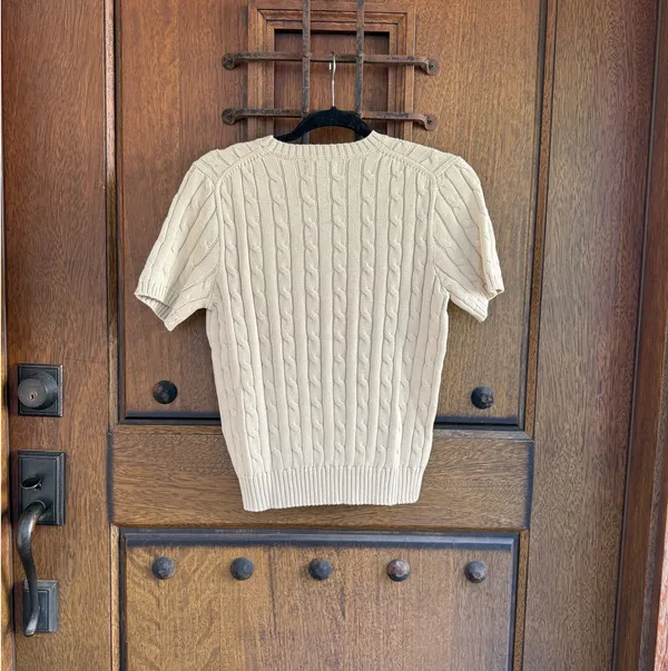 Polo by Ralph Lauren Greenish Beige Cable-Knit Short Sleeve Sweater Size M - Image 4