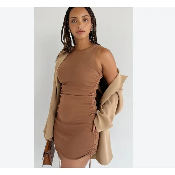 Lioness x Revolve Military Minds Brown Tan Ruched Mini Dress NWT Size XS - Image 2