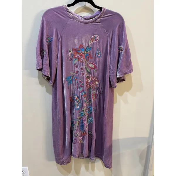 Johnny Was Velvet Flutter Sleeve Raglan Karime Embroidered‎ Dress Lavender - Image 2