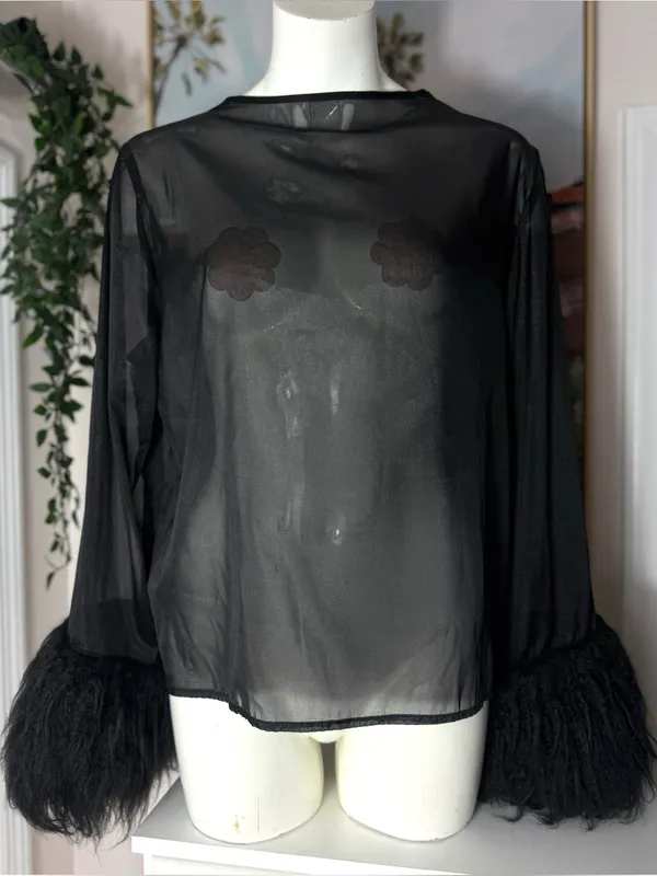 Shein Black Sheer Mesh Faux Fur Cuff Long Sleeve Blouse Keyhole Back Size XL 12 - Image 2