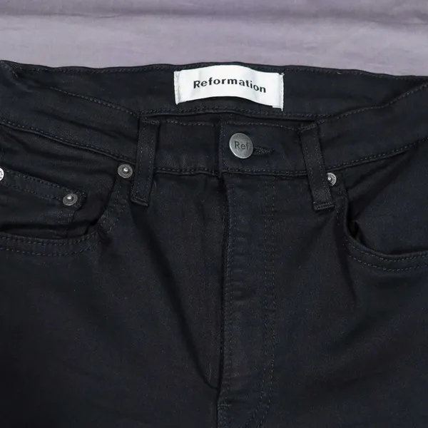 Reformation Stretch Flood Jeans Women 24 Black High Rise Wide Leg Raw Hem Denim‎ - Image 2