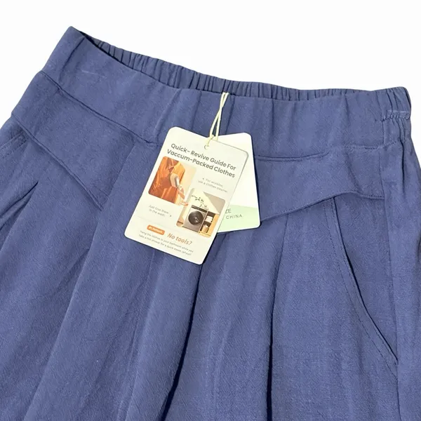 Women's Blue Wide-Leg Crop Pants Size S Cotton Linen Blend Size Small Pockets - Image 4