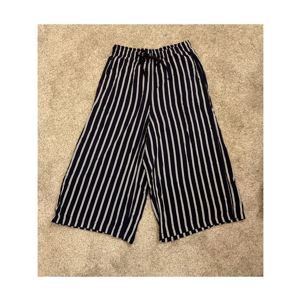 Uniqlo Navy White Striped Cropped Wide Leg Pants Drawstring Elastic Waist, M - Image 2