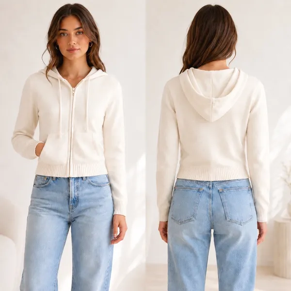 Brandy Melville Alana Knit Sweater Women XS/S Cream Hoodie Full Zip Cotton - Image 2