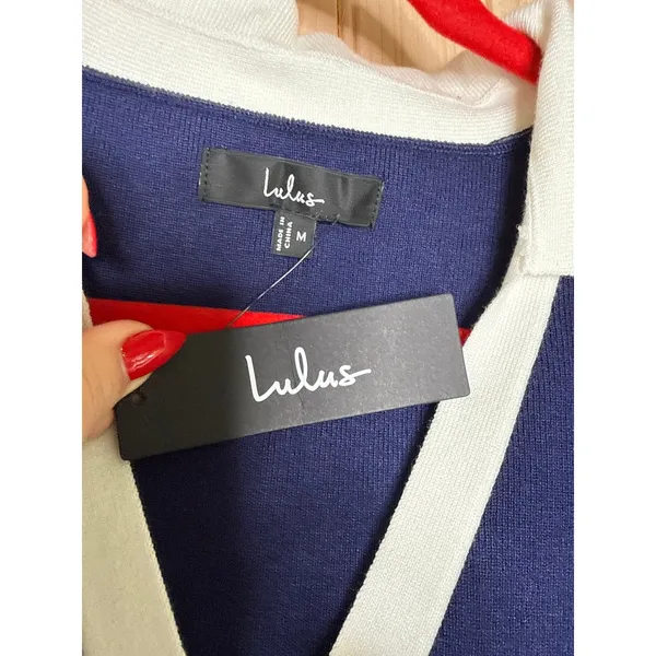 NWT Lulus Calculated Charm Navy and White Collared Mini Sweater Dress Size M - Image 3