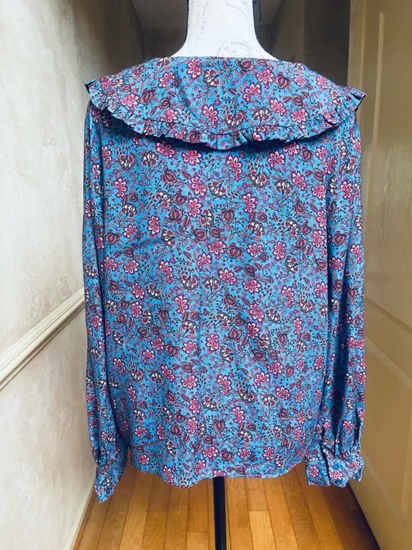 Mango NWT Floral Ruffle Peter Pan Collar Blouse 10 EcoVero Sustainable Boho Blue - Image 5