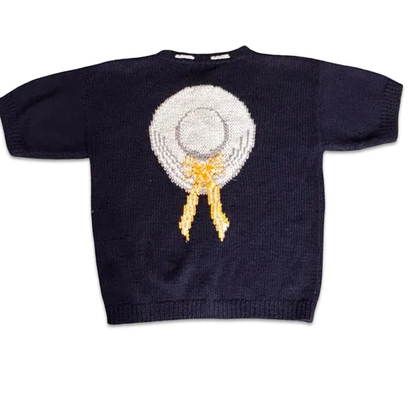 Vintage Eagles Eye Hat Motif Knit Cardigan Navy Yellow‎ Small Whimsical Cottage - Image 5