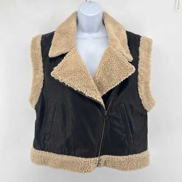 Free‎ People We The Free Clover Teddy Vegan Leather Shearling Vest Black Cream L - Image 4