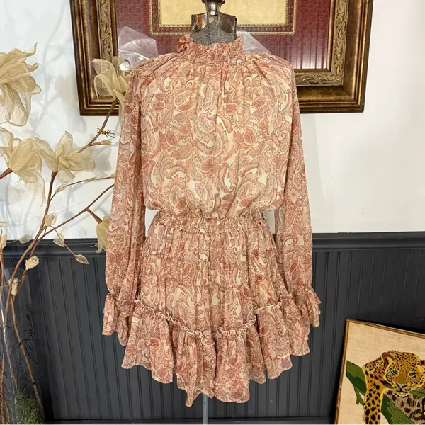 FATE Paisley Smocked Ruffle Neck Balloon Sleeve Flounce Mini Dress Sz S🧡🍄 - Image 3