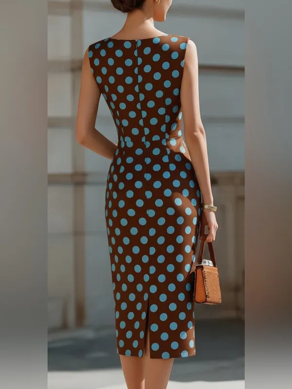 MOOYIUS Sleeveless Brown Midi‎ Dress with Light Blue Polka Dots - Image 2