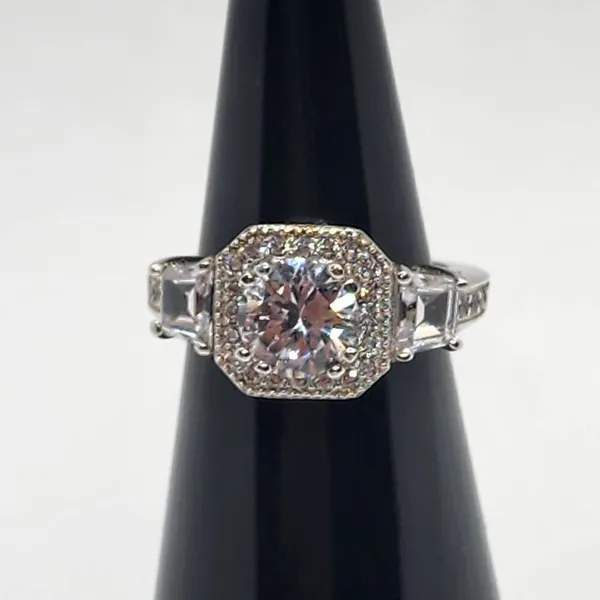 Sterling Silver Round Cubic Zirconia Halo Art Deco Ring (5) - Image 6