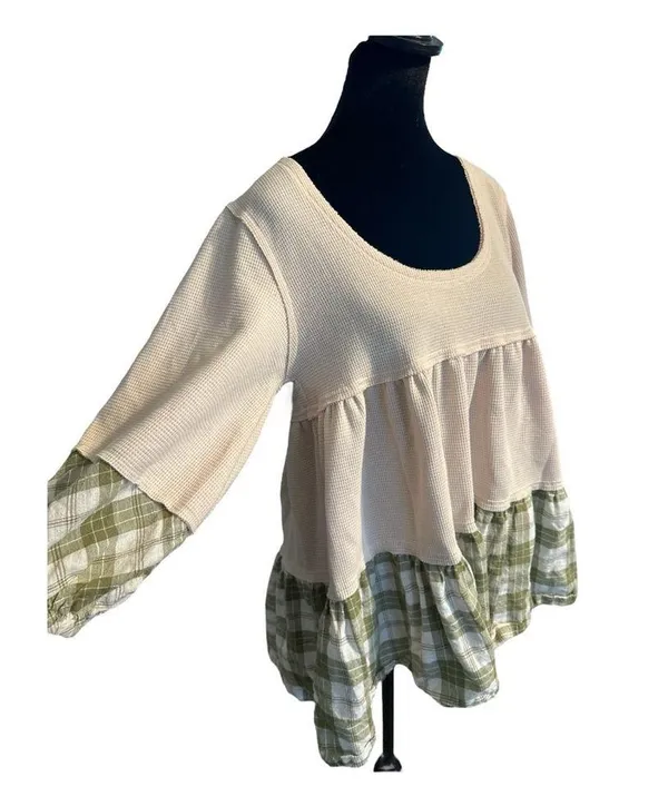 Shades Of Fall 3/4 Sleeve Plaid Rib Knit Tiered Tunic Balloon Sleeve Women’s Med - Image 6