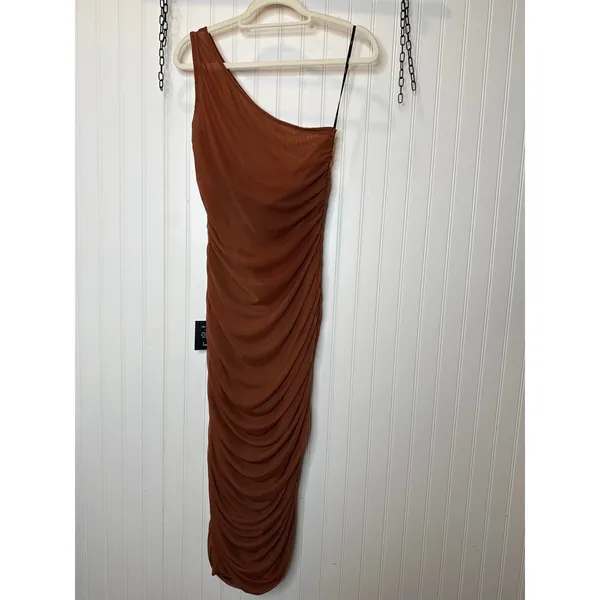 NWT Lulus Kiden Brown Mesh Ruched One-Shoulder Midi Dress Party Neutral Size XS - Image 5