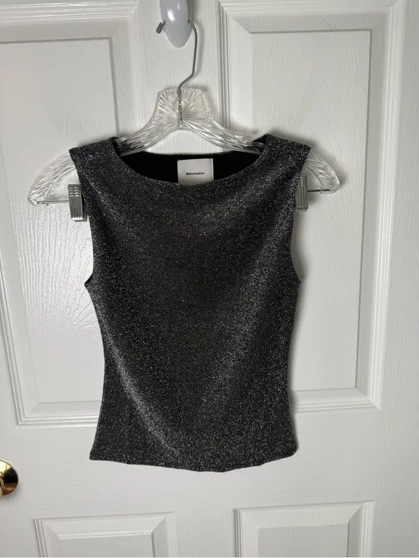 Reformation Dusk Knit Top in Core Black Silver Sparkle XS - Image 2