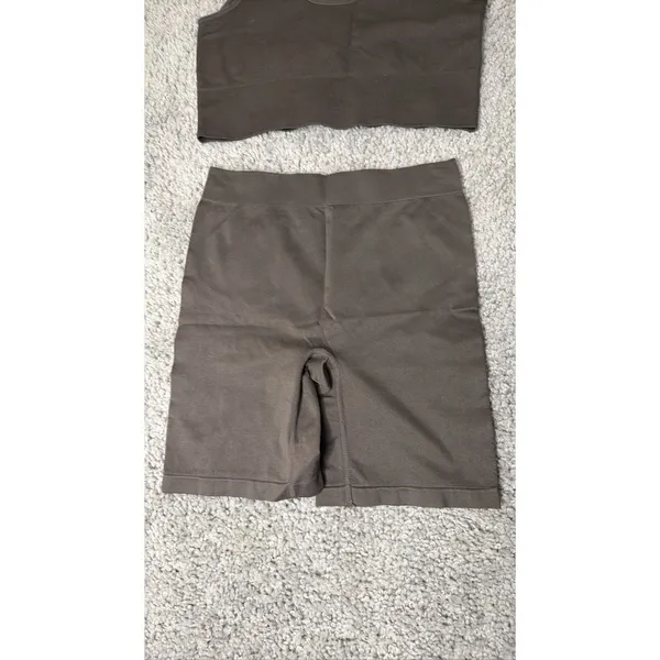 Women Seamless Ribbed 2 Piece L SHEIN Workout Set Sports Bra and Shorts Brown - Image 2