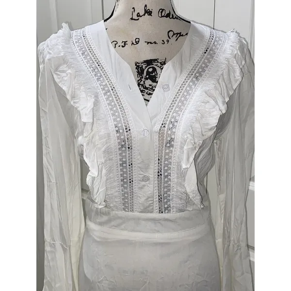 Muy Muy Fancy Cottage Core Lace Embroidered Bell Sleeves White Maxi Dress Sz Sm - Image 6