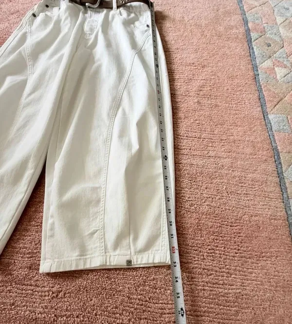 White Barrel Leg Cropped Pants High Rise Original Design Cotton Stretch Belt M N - Image 3