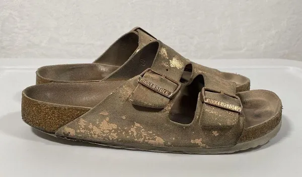 Birkenstock Arizona Suede Leather Sandals in Vintage Metallic Rose Copper Sz 38N - Image 4