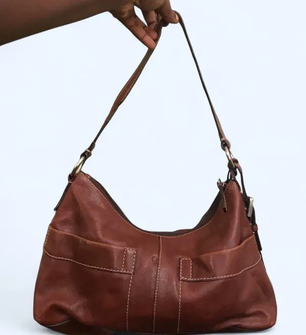 FOSSIL Vintage Y2K Brown leather baguette shoulder hobo hand bag purse boho satchel cargo pockets #grunge #whimsygoth #preppy #officesiren - Image 3