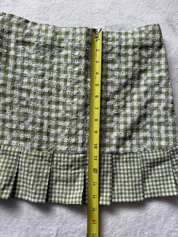 KIRIOUS Green Gingham Eyelet Mini Skirt Ruffle Hem Cottagecore - Image 5
