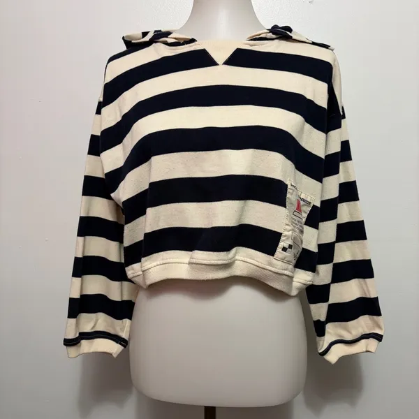 Tarazzia Sport Cropped Hoodie M Navy Cream Stripe Nautical Marin Bleu 90s French - Image 2