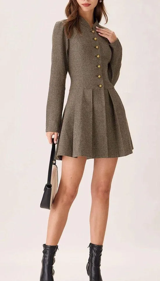 Rihoas Brown Button Pleated Mini Dress - Image 3